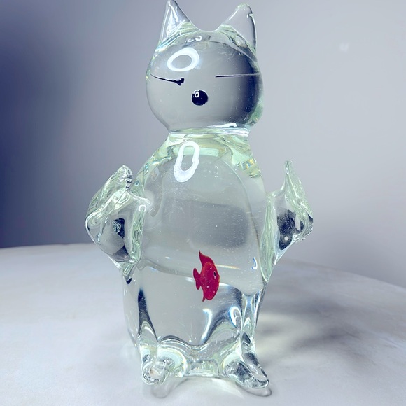 RARE Vintage Vinci Murano Clear Glass CAT Figurine Paperweight Goldfish Stomach - Picture 1 of 5